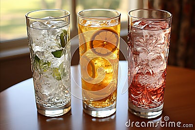 Artisanal Cocktail on Bar Counter with Unique Glassware and Vibrant Fruit Garnishes Stock Photo