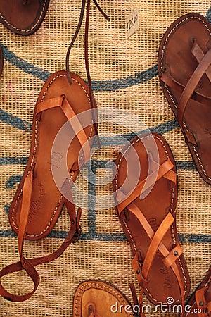 Artisanal handmade leather sandals on sale, Puglia, Italy. Editorial Stock Photo