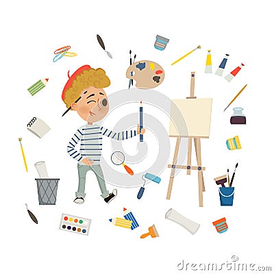 Artist Boy drawing and painting picture with art tools, and easel on white background. Children art and design school concept. Vector Illustration