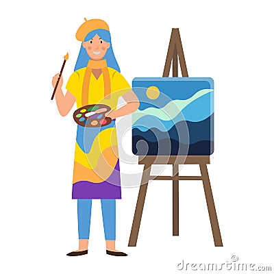 Cartoon artist with palette and brush, character for children. Flat vector illustration Vector Illustration