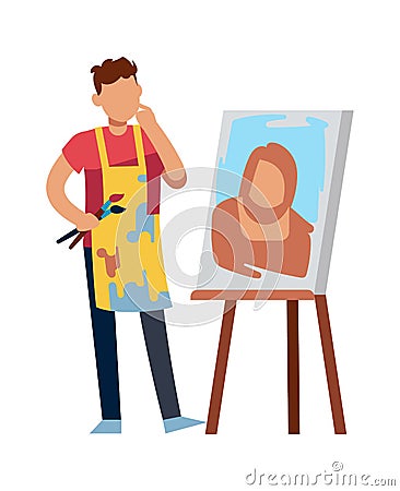 Artist character drawing picture. Drawing man with paintbrush at picture canvas, vector painter or designer job concept Vector Illustration