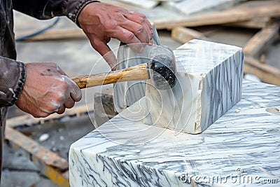 artist chiseling marble block with mallet Stock Photo