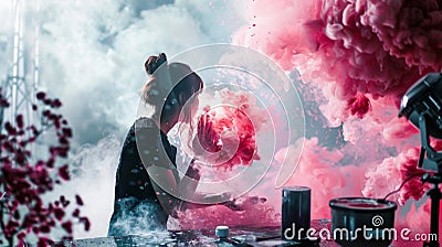 Artist Creating Colorful Smoke Art in Studio Stock Photo