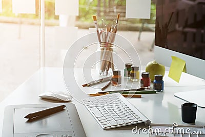 Artist creative graphic design workplace mouse pen on desk. Stock Photo