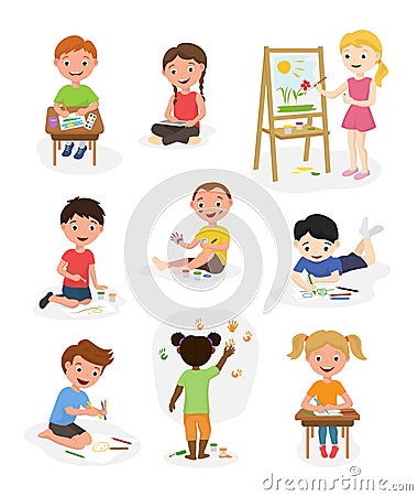 Artist cute kids vector paint art child creative drawing artwork painter kid boys and girls art people cartoon childhood Vector Illustration