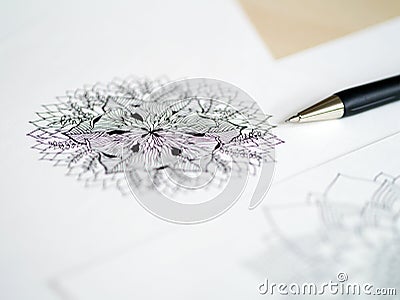 Artist desk top view pen, pencil mandala flower floral hand drawing Cartoon Illustration