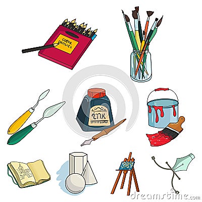 Artist and drawing set icons in cartoon style. Big collection of artist and drawing vector symbol stock illustration Vector Illustration