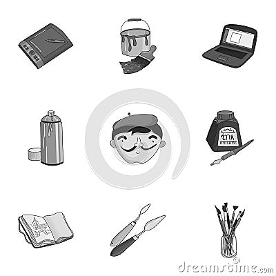 Artist and drawing set icons in monochrome style. Big collection of artist and drawing vector symbol stock illustration Vector Illustration