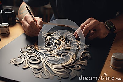 The artist draws a pattern on a black sheet of paper with a brush, Embrace the art of elegant lettering in the enchanting world of Stock Photo