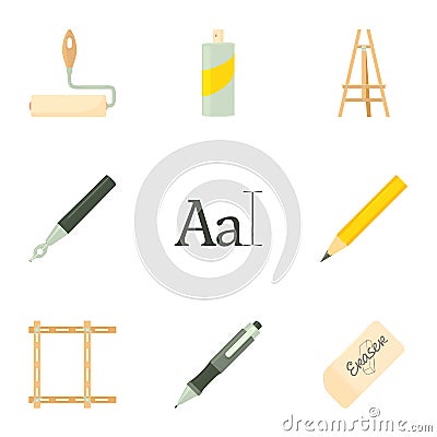 Artist equipment icons set, cartoon style Vector Illustration