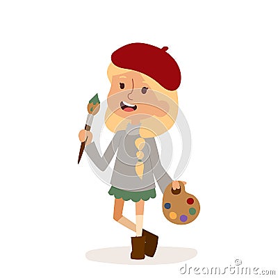 Artist girl art brush isolated on white cute cartoon vector profession illustration person childhood uniform worker Vector Illustration