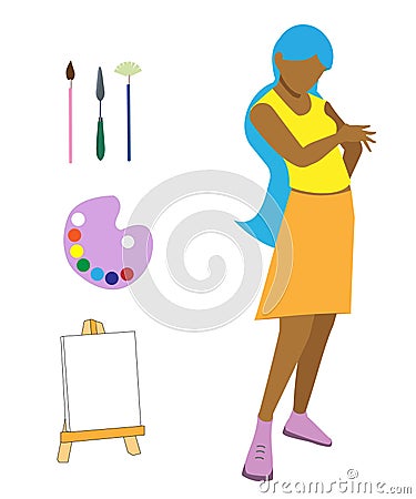 Artist girl and art supplies Vector Illustration