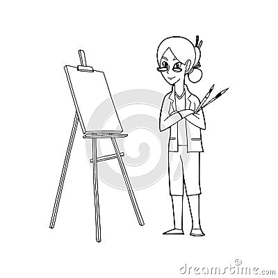 An Artist holding paint brushes and Easel, canvas for painting, Vector Illustration