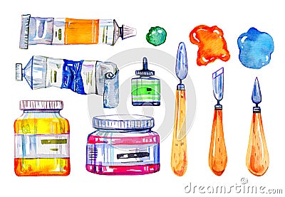 Artist materials - palette knives and paint tubes. Hand drawn sketch watercolor illustration set Cartoon Illustration