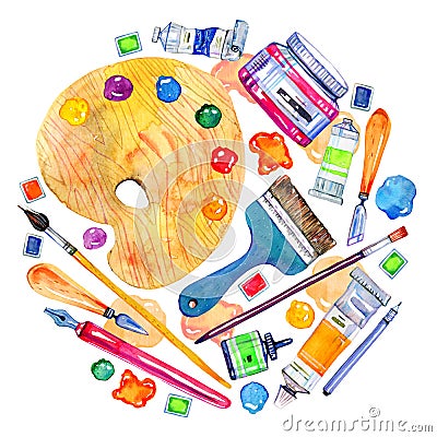 Artist materials in round composition- palette, palette knives, brushes, pens and tubes. Hand drawn sketch watercolor illustration Cartoon Illustration