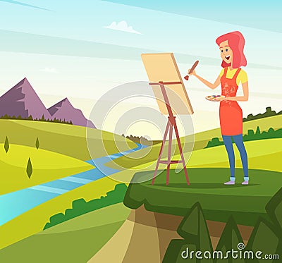 Artist in nature making picture Vector Illustration