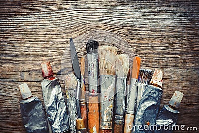 Artist paintbrushes, paint tubes and palette knife closeup. Stock Photo