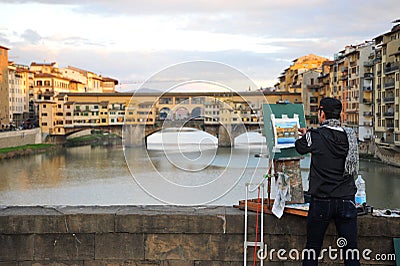 Artist painting the bridges of Florence city , Italy Editorial Stock Photo