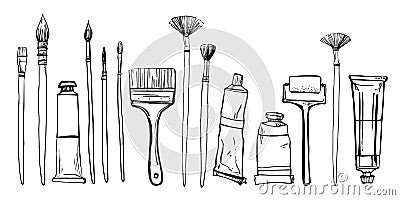 Artist painting materials. Hand drawn stylized sketch vector illustration. Brushes and paint tubes Vector Illustration