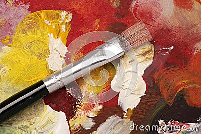 Artist palette with paint brush background Stock Photo