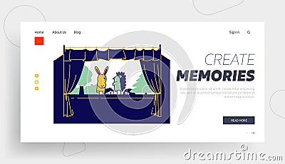 Artist Performing Puppet Show Website Landing Page. Theater Performance for Children, Happy Family Recreation Vector Illustration