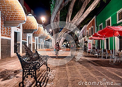 Artist quarter of Puebla city illuminated at night Editorial Stock Photo