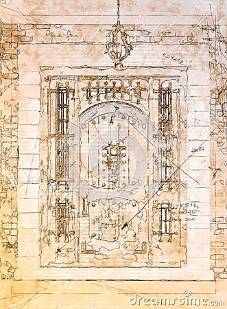 Artist Rendering Sketch of Beautiful Luxury Residential Front Door Stock Photo