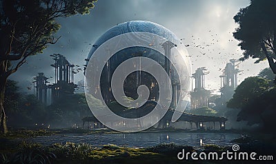 Artist's futuristic city conceptual art and lush garden with spaceship sphere. AI generated, AI generative Stock Photo