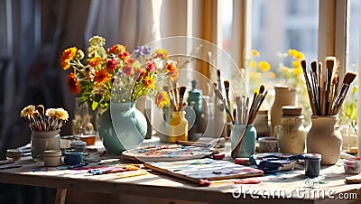 artist's table, paints, brushes window hobby sunlight painter work Stock Photo