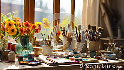 artist's table, paints, tool equipment education hobby comfortable painter work palette design color Stock Photo