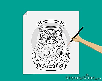 Artist sketching pottery on white paper, vector Vector Illustration