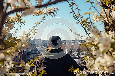 artist sketching a city view framed by flowering branches Stock Photo