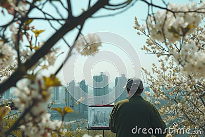 artist sketching a city view framed by flowering branches Stock Photo