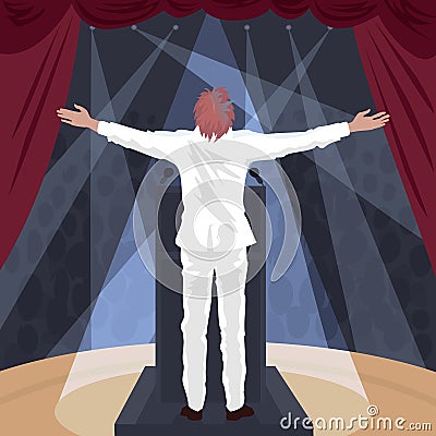 Artist standing on stage with raised open arms Vector Illustration