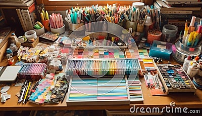Artist table, chaotic collection of colorful equipment generated by AI Stock Photo