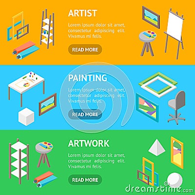 Artist Workplace Interior with Furniture Banner Horizontal Set Isometric View. Vector Vector Illustration