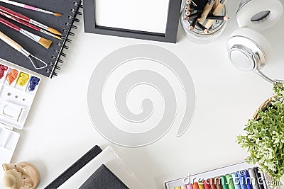 Artist workspace with top view hero header concept. Stock Photo