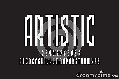 Artistic abstract display font in old classic minimal style. White letters, numbers and currency signs. Elegant english alphabet. Vector Illustration