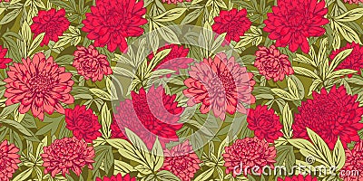 Artistic abstract green jungle and red beatify floral seamless pattern. Summer ornate background with blooming flowers dahlias, Vector Illustration