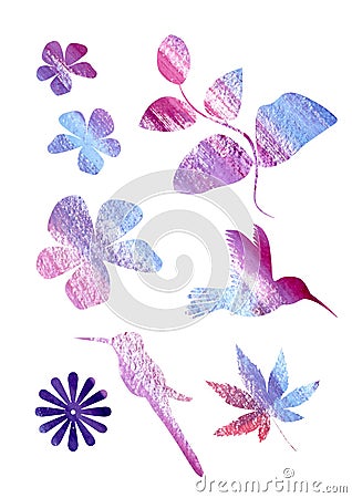 Artistic hand made Watercolor bird and floral elements on a white background. Purple, pink, blue and violet colors Stock Photo