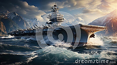 Artistic Aircraft Carrier Rolling Waves Dramatic Watercolor Background Stock Photo
