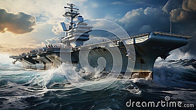 Artistic Aircraft Carrier Rolling Waves Dramatic Watercolor Background Stock Photo