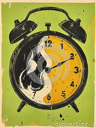 An artistic alarm clock displaying time and contrasting colors on a green background. Generative AI Stock Photo