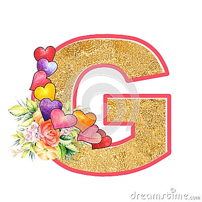 Artistic alphabet, letter G illustration with summer bouquet leaves and flowers, ane hearts, elegant and romantic font Cartoon Illustration