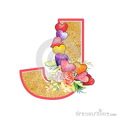 Artistic alphabet, letter J illustration with summer bouquet leaves and flowers, ane hearts, elegant and romantic font Cartoon Illustration