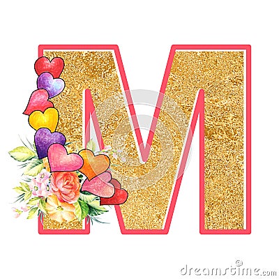 Artistic alphabet, letter M illustration with summer bouquet leaves and flowers, ane hearts, elegant and romantic font Cartoon Illustration