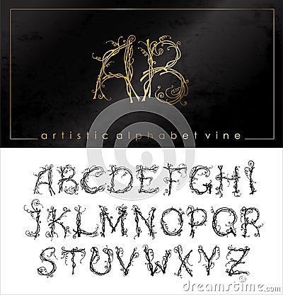 Artistic alphabet font from stylized vine letter Vector Illustration