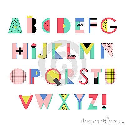 Artistic Alphabet in trendy Memphis geometric style. Creative font. Vector Illustration