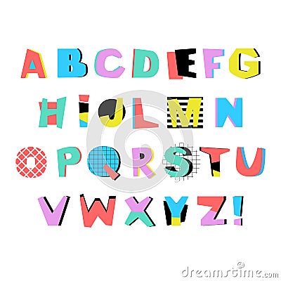 Artistic Alphabet in trendy Memphis geometric style. Creative font. Vector Illustration