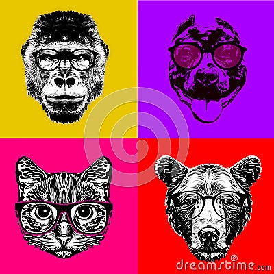 Artistic animals` muzzles in eyeglasses on bright background Stock Photo